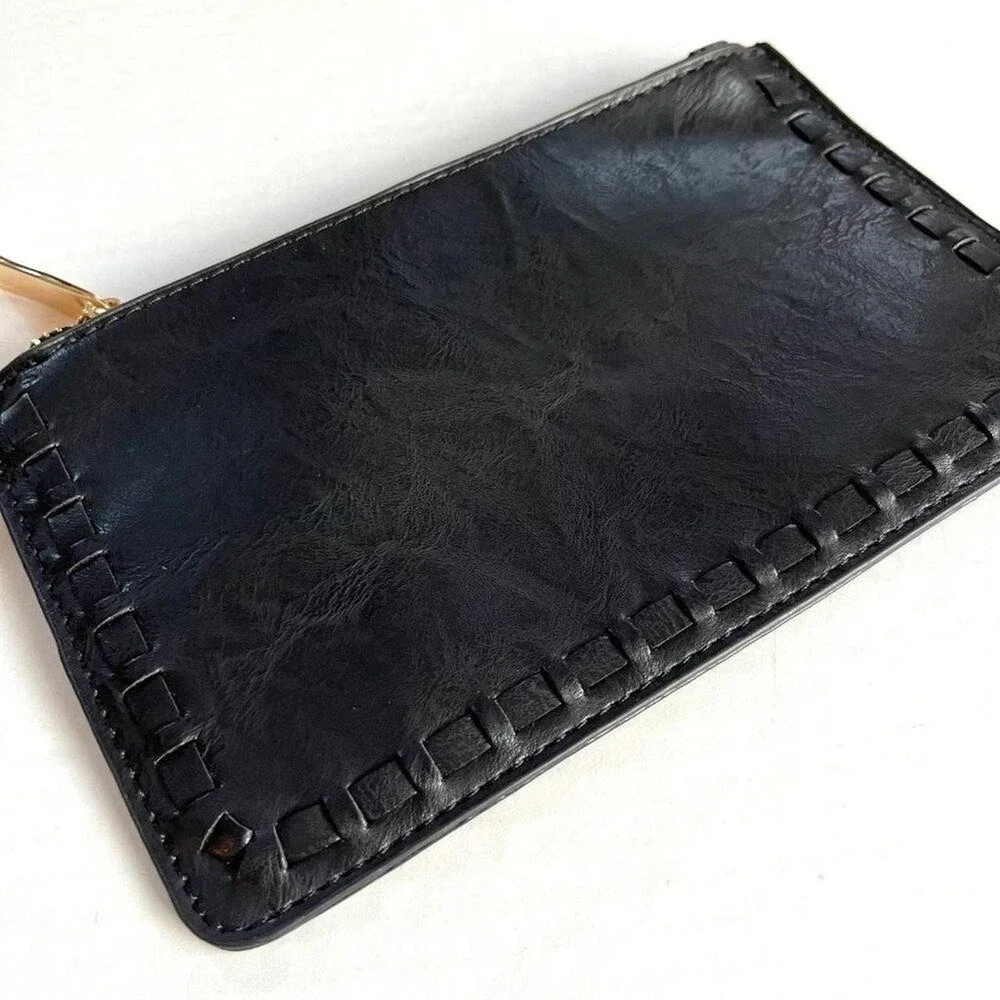 Small Black Onyx Golden Zipped Leather Card Wallet Wristlet Bag